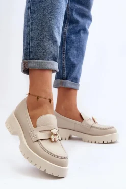 Skórzane Półbuty Mokasyny Z Misiem CheBello 4291 Jasnobeżowe