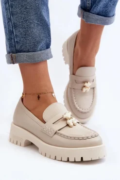 Skórzane Półbuty Mokasyny Z Misiem CheBello 4291 Jasnobeżowe