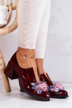Skórzane Półbuty Mozaika Z Ozdobą Bordowe Delaver