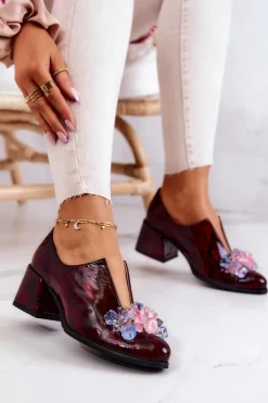 Skórzane Półbuty Mozaika Z Ozdobą Bordowe Delaver