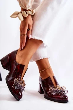 Skórzane Półbuty Mozaika Z Transparentną Ozdobą Bordowe Delaver