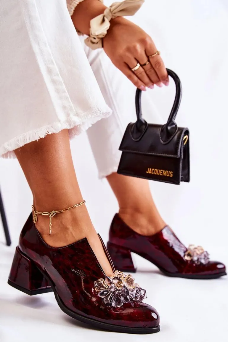 Skórzane Półbuty Mozaika Z Transparentną Ozdobą Bordowe Delaver