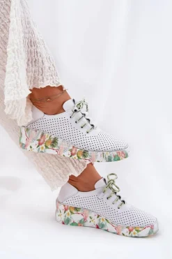 Skórzane Półbuty Na Koturnie Ze Wzorem Artiker 54C1807 Biało-Zielone