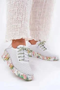 Skórzane Półbuty Na Koturnie Ze Wzorem Artiker 54C1807 Biało-Zielone