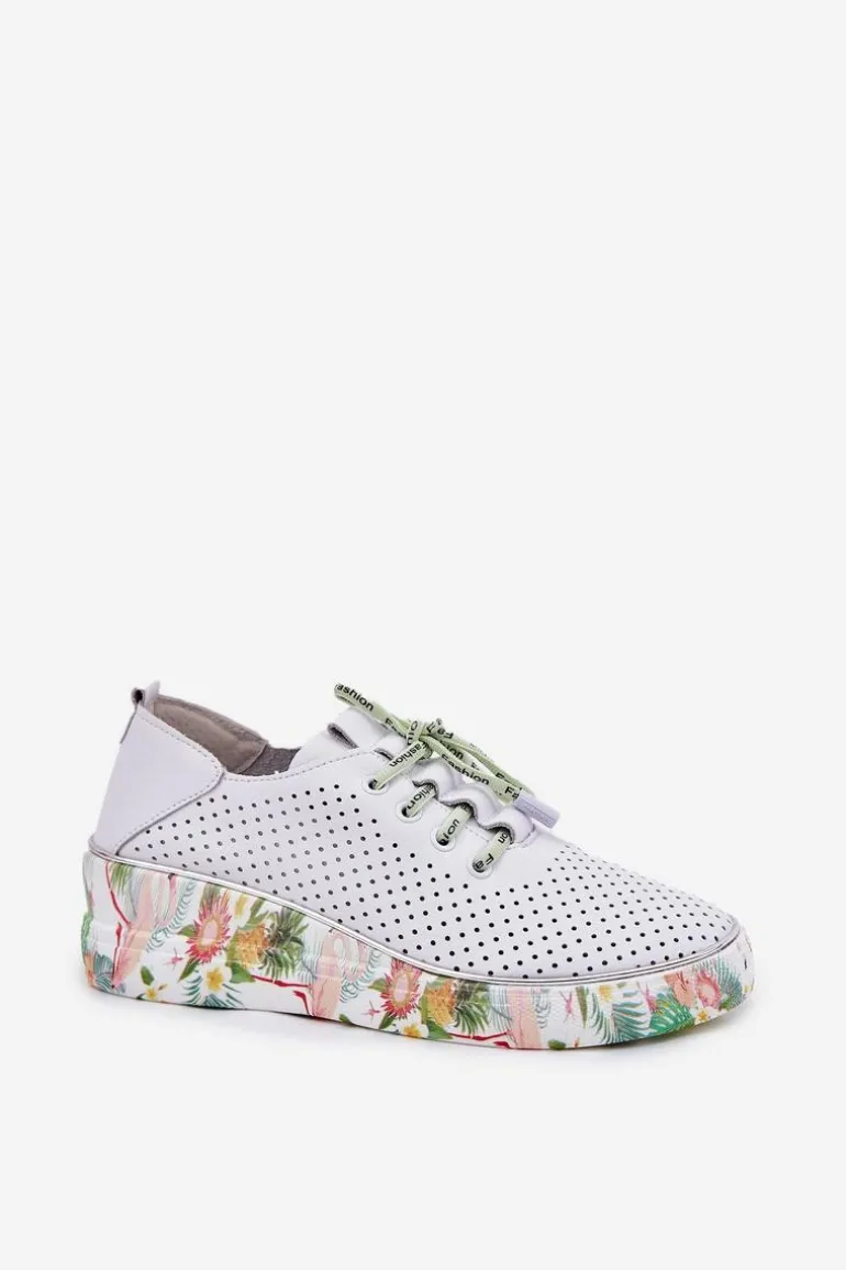 Skórzane Półbuty Na Koturnie Ze Wzorem Artiker 54C1807 Biało-Zielone