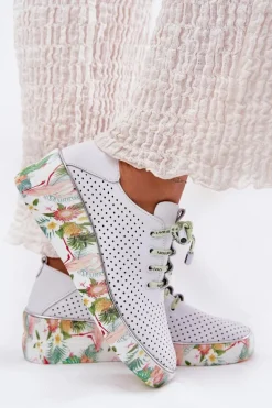 Skórzane Półbuty Na Koturnie Ze Wzorem Artiker 54C1807 Biało-Zielone