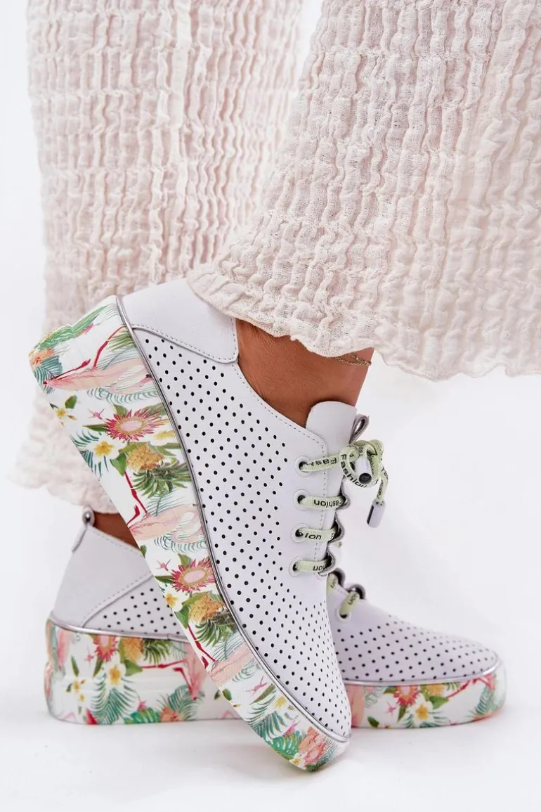 Skórzane Półbuty Na Koturnie Ze Wzorem Artiker 54C1807 Biało-Zielone