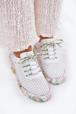 Skórzane Półbuty Na Koturnie Ze Wzorem Artiker 54C1807 Biało-Zielone