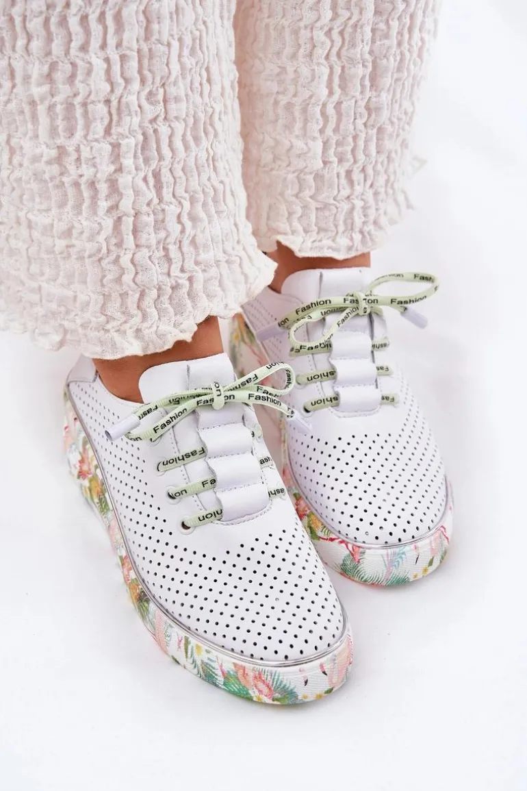 Skórzane Półbuty Na Koturnie Ze Wzorem Artiker 54C1807 Biało-Zielone