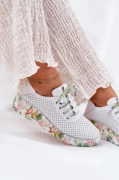 Skórzane Półbuty Na Koturnie Ze Wzorem Artiker 54C1807 Biało-Zielone