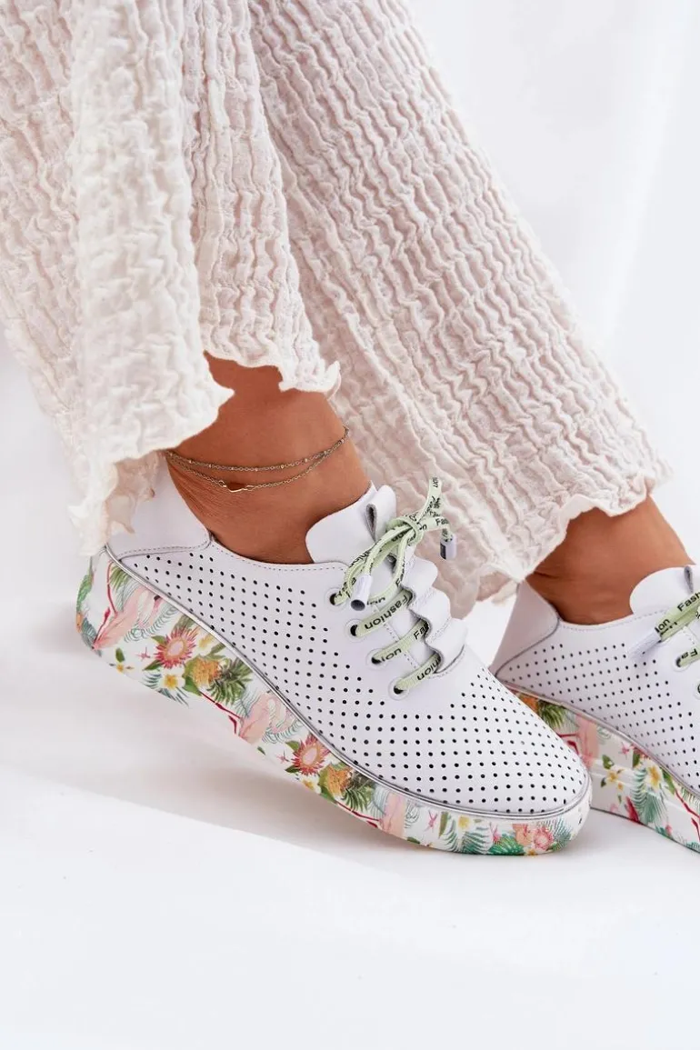 Skórzane Półbuty Na Koturnie Ze Wzorem Artiker 54C1807 Biało-Zielone