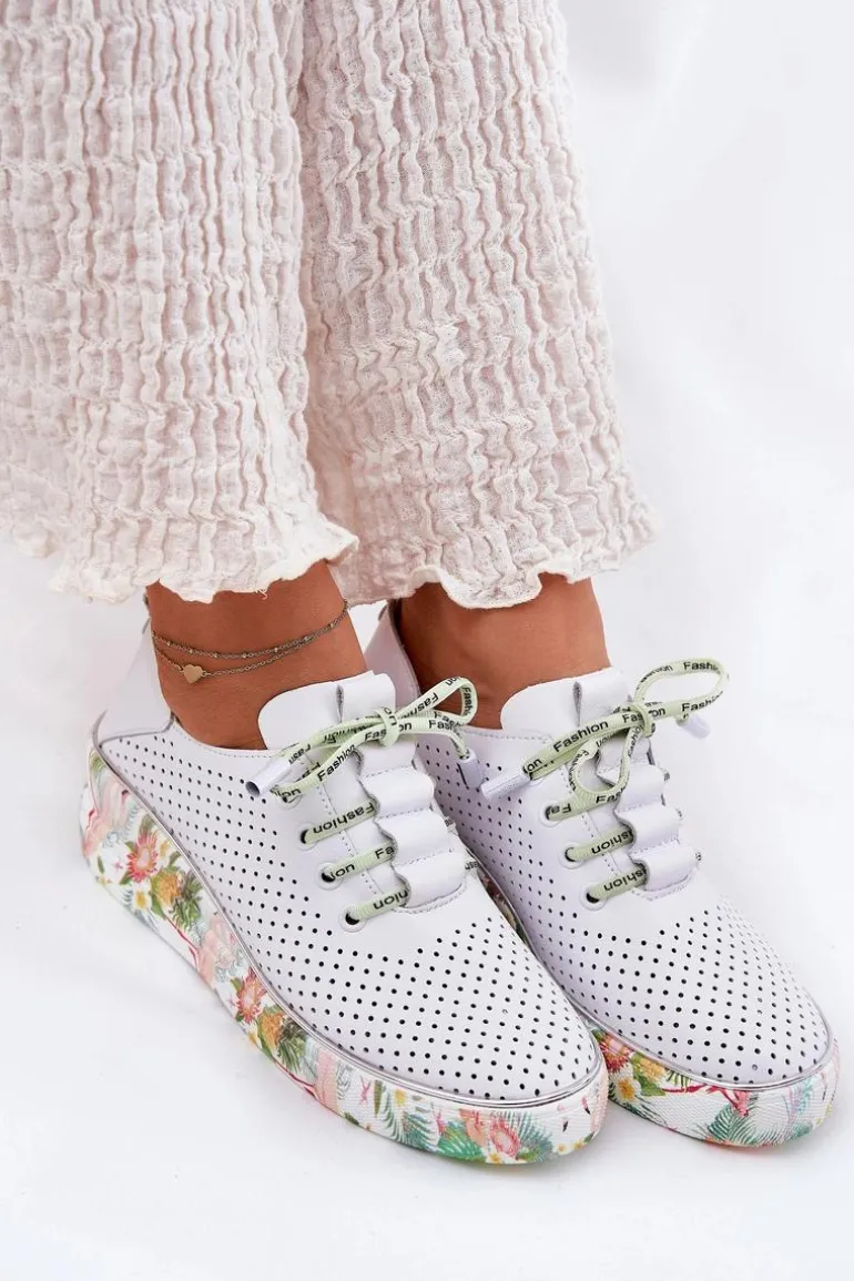 Skórzane Półbuty Na Koturnie Ze Wzorem Artiker 54C1807 Biało-Zielone