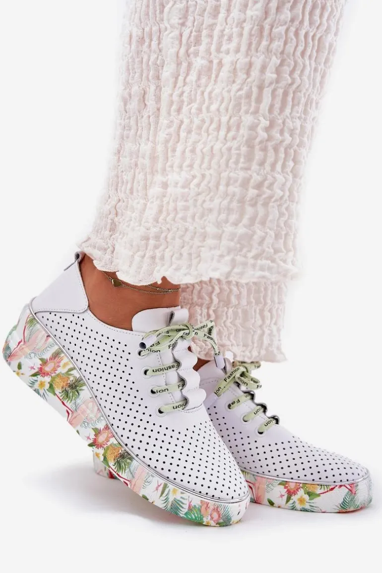 Skórzane Półbuty Na Koturnie Ze Wzorem Artiker 54C1807 Biało-Zielone