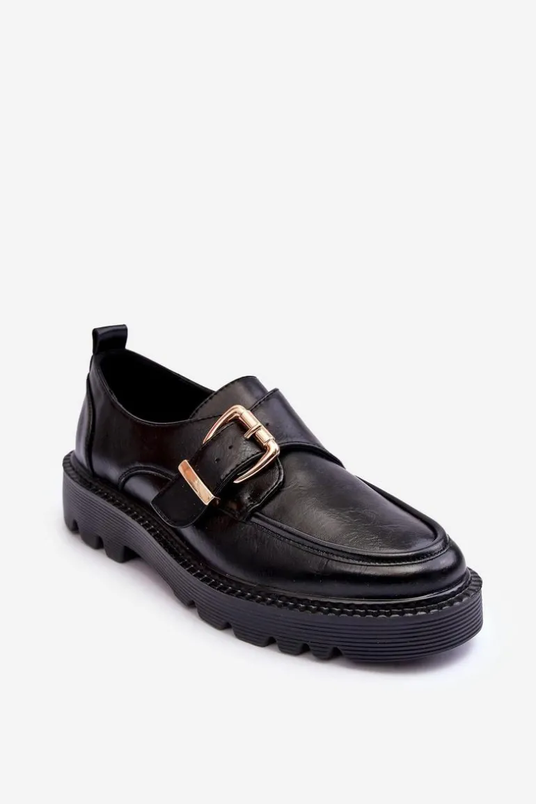 Skórzane Półbuty Na Płaskim Obcasie Z Klamrą Czarne Meara