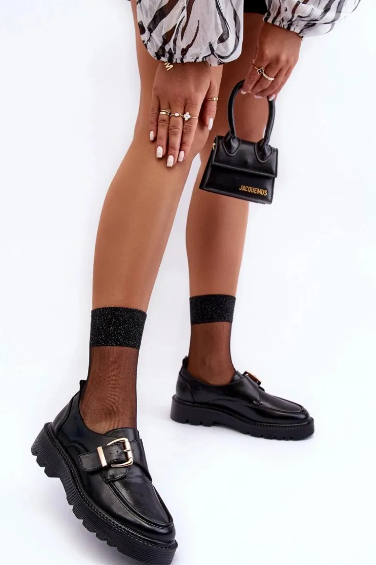 Skórzane Półbuty Na Płaskim Obcasie Z Klamrą Czarne Meara