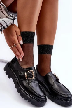 Skórzane Półbuty Na Płaskim Obcasie Z Klamrą Czarne Meara