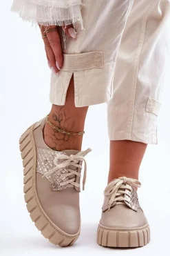 Skórzane Półbuty Na Platformie Beżowe Lemar Hypnosis