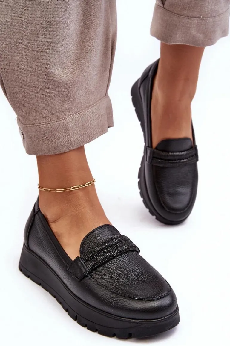 Skórzane Półbuty Na Platformie Z Ozdobą Czarne Lemar Lehira