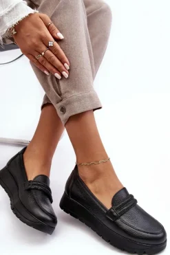 Skórzane Półbuty Na Platformie Z Ozdobą Czarne Lemar Lehira