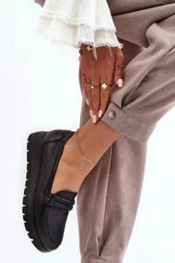 Skórzane Półbuty Na Platformie Z Ozdobą Czarne Lemar Lehira