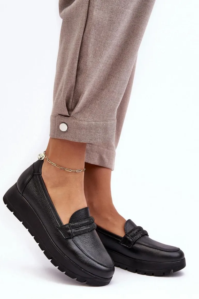 Skórzane Półbuty Na Platformie Z Ozdobą Czarne Lemar Lehira