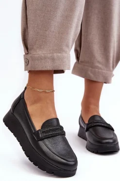 Skórzane Półbuty Na Platformie Z Ozdobą Czarne Lemar Lehira