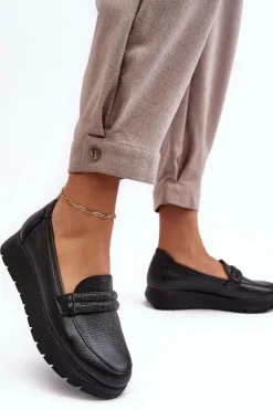 Skórzane Półbuty Na Platformie Z Ozdobą Czarne Lemar Lehira