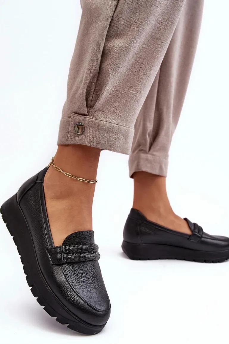 Skórzane Półbuty Na Platformie Z Ozdobą Czarne Lemar Lehira