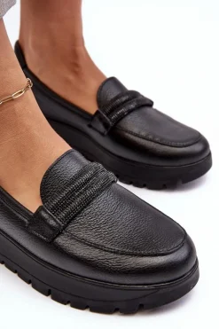 Skórzane Półbuty Na Platformie Z Ozdobą Czarne Lemar Lehira