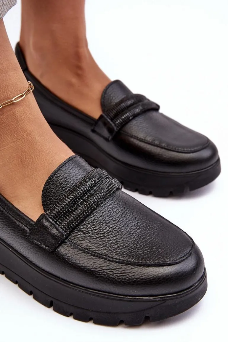 Skórzane Półbuty Na Platformie Z Ozdobą Czarne Lemar Lehira