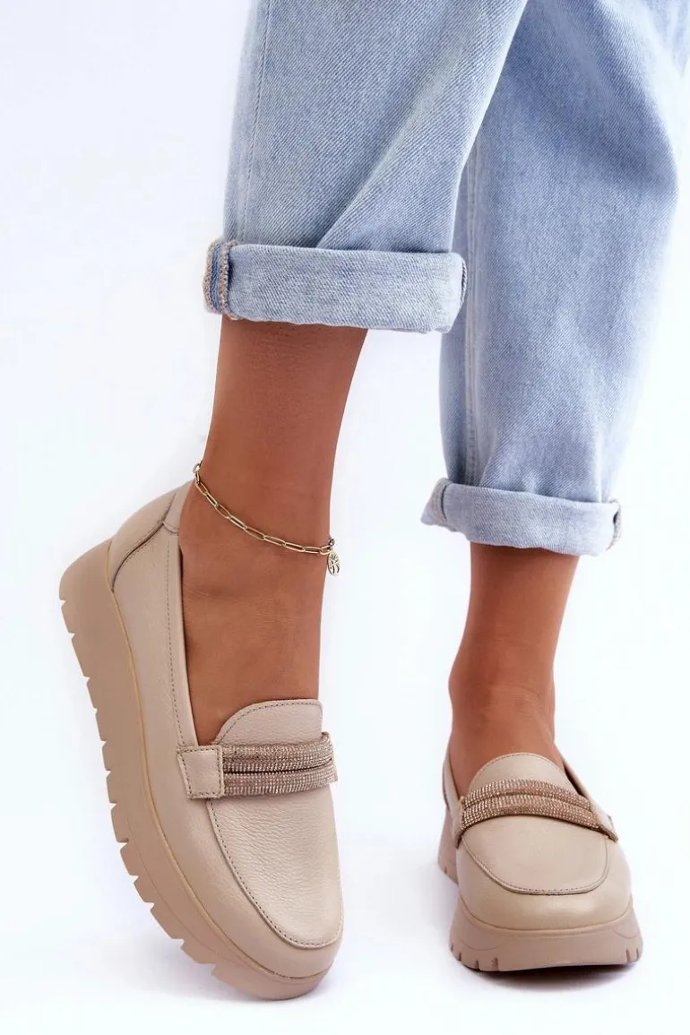 Skórzane Półbuty Na Platformie Z Ozdobą Jasnobeżowe Lemar Lehira