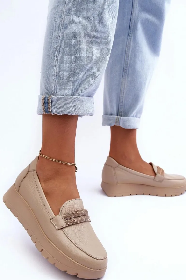 Skórzane Półbuty Na Platformie Z Ozdobą Jasnobeżowe Lemar Lehira