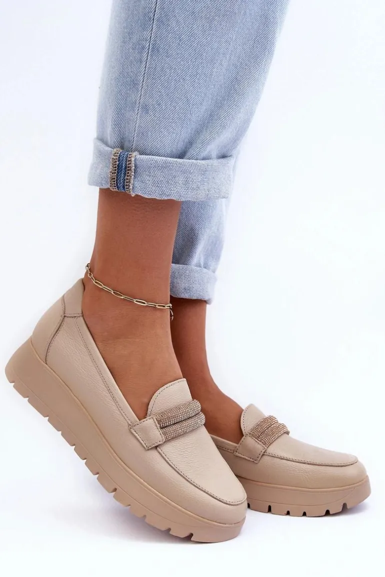 Skórzane Półbuty Na Platformie Z Ozdobą Jasnobeżowe Lemar Lehira