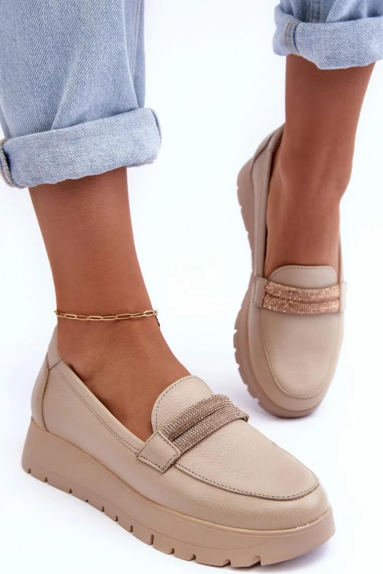 Skórzane Półbuty Na Platformie Z Ozdobą Jasnobeżowe Lemar Lehira