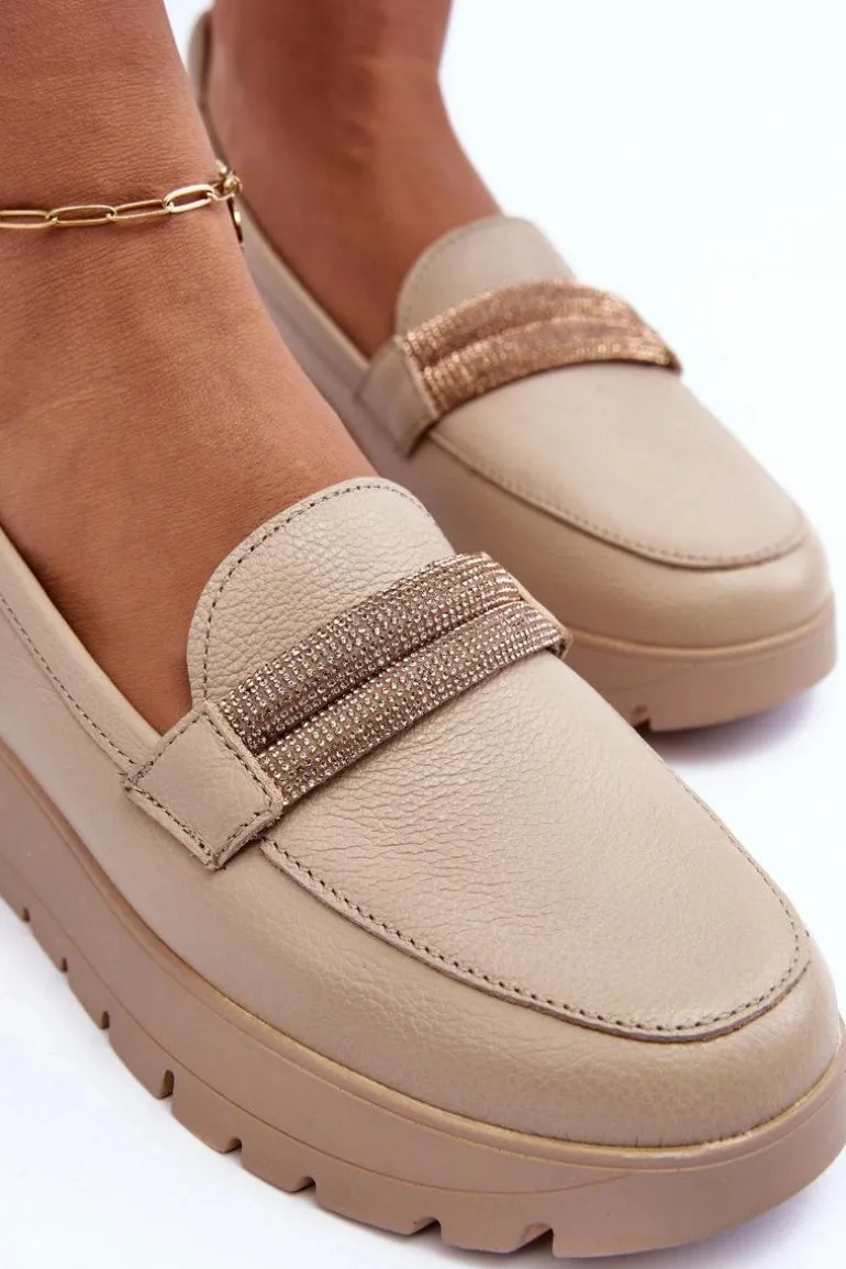 Skórzane Półbuty Na Platformie Z Ozdobą Jasnobeżowe Lemar Lehira