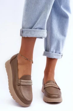 Skórzane Półbuty Na Platformie Z Ozdobą Beżowe Lemar Lehira