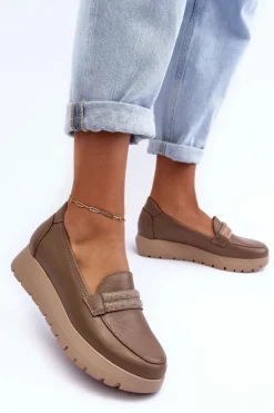 Skórzane Półbuty Na Platformie Z Ozdobą Beżowe Lemar Lehira