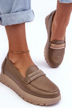 Skórzane Półbuty Na Platformie Z Ozdobą Beżowe Lemar Lehira