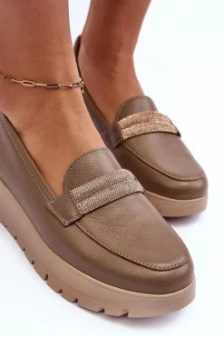 Skórzane Półbuty Na Platformie Z Ozdobą Beżowe Lemar Lehira