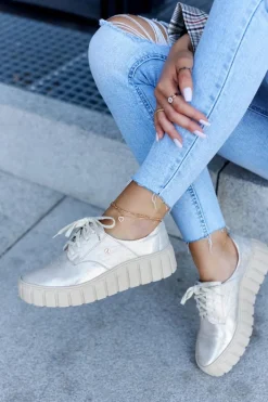 Skórzane Półbuty Na Platformie Beżowo-Złote Hypnosis