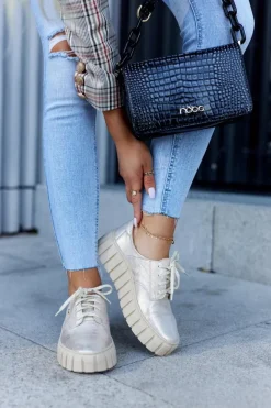 Skórzane Półbuty Na Platformie Beżowo-Złote Hypnosis