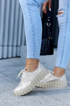 Skórzane Półbuty Na Platformie Beżowo-Złote Hypnosis