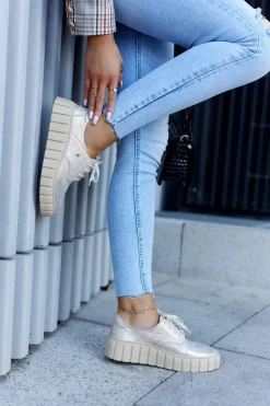 Skórzane Półbuty Na Platformie Beżowo-Złote Hypnosis