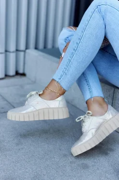 Skórzane Półbuty Na Platformie Beżowo-Złote Hypnosis