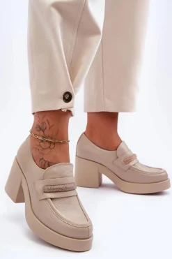 Skórzane Półbuty Na Słupku Z Ozdobą Beżowe Lemar Gelanor