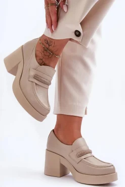 Skórzane Półbuty Na Słupku Z Ozdobą Beżowe Lemar Gelanor