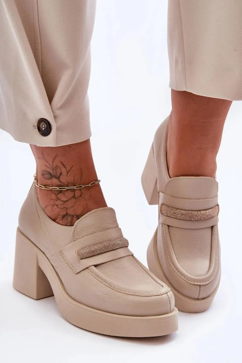 Skórzane Półbuty Na Słupku Z Ozdobą Beżowe Lemar Gelanor