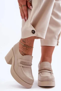 Skórzane Półbuty Na Słupku Z Ozdobą Beżowe Lemar Gelanor