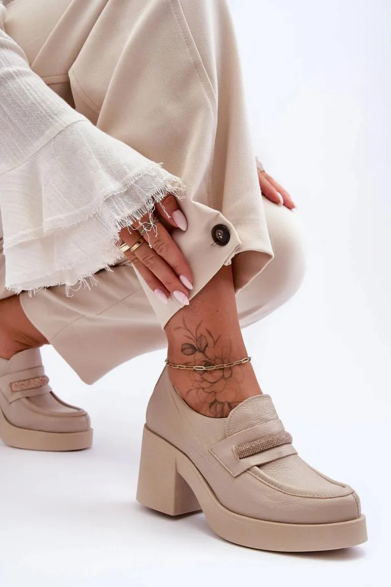 Skórzane Półbuty Na Słupku Z Ozdobą Beżowe Lemar Gelanor