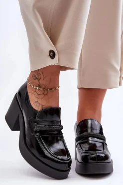 Skórzane Półbuty Na Słupku Z Ozdobą Czarne Lemar Gelanor